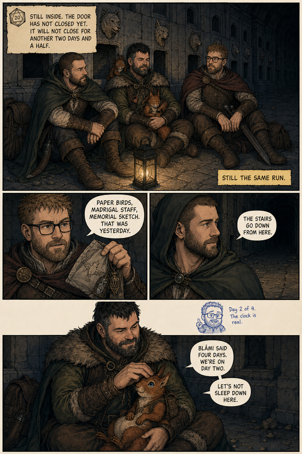 Comic page: three adventurers and a squirrel sit by lanternlight inside a dungeon. Captions establish that they are on day two of four.