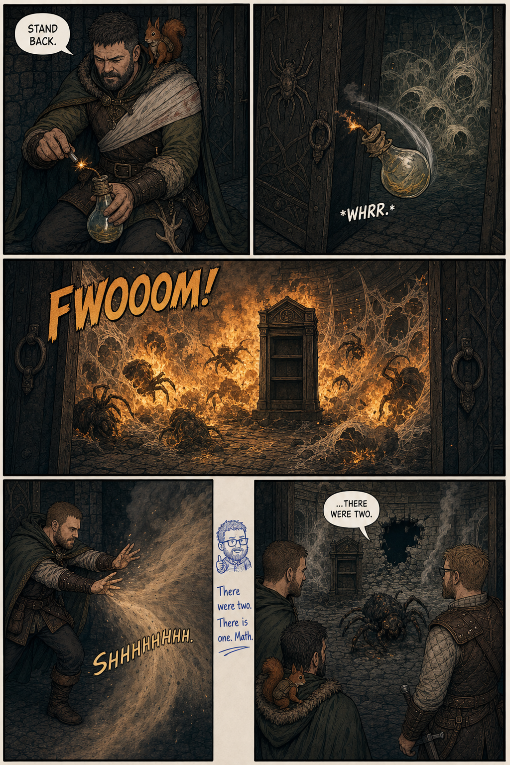 Comic page: a character throws a flask of alchemical fire into a spider-filled chamber. Large FWOOOM! sound effect.