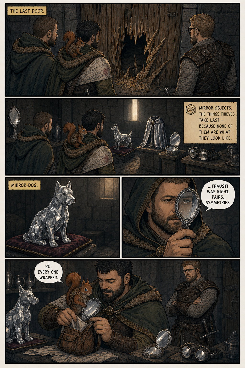 Comic page: party studies mirror objects in a vault, including a silver dog statue. Pú the squirrel watches from Bjarki's shoulder.