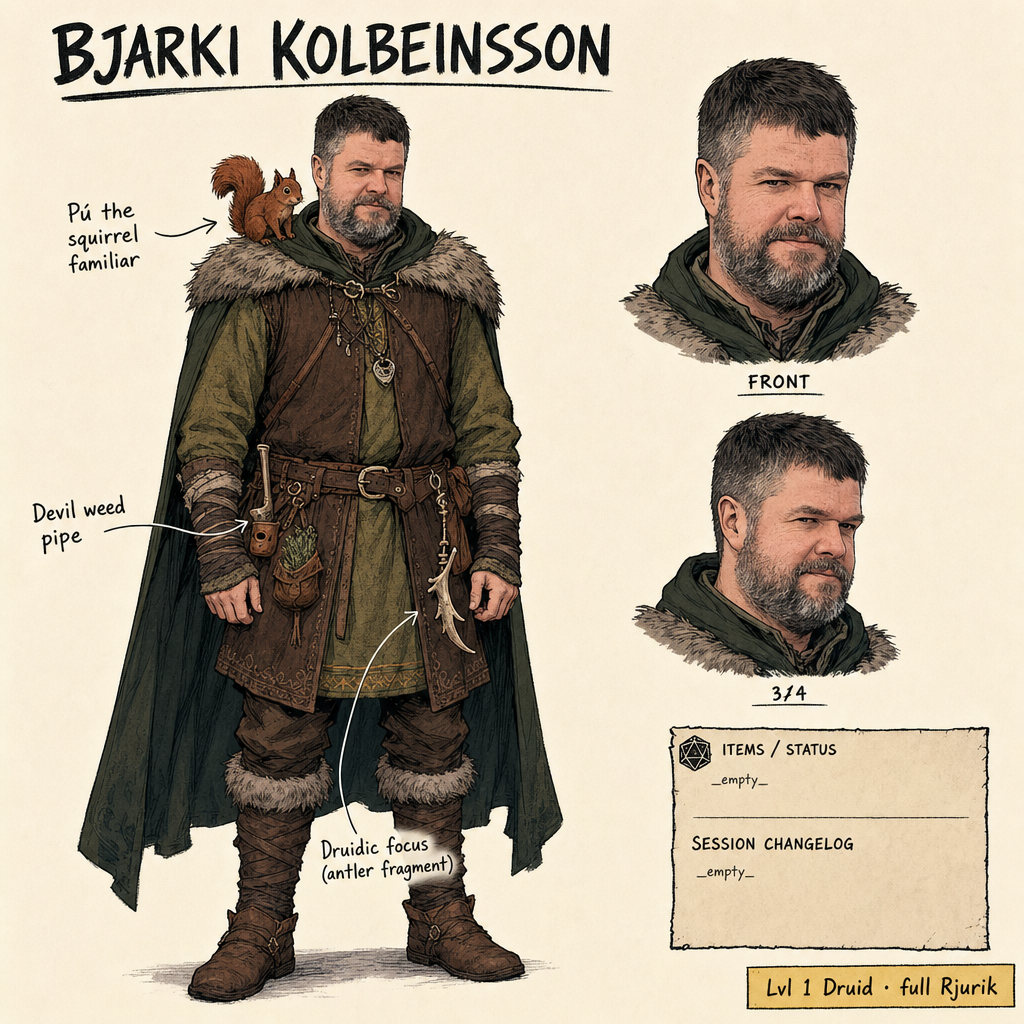 Character design sheet for Bjarki, with full-body view, head turnarounds, and callouts to signature gear.