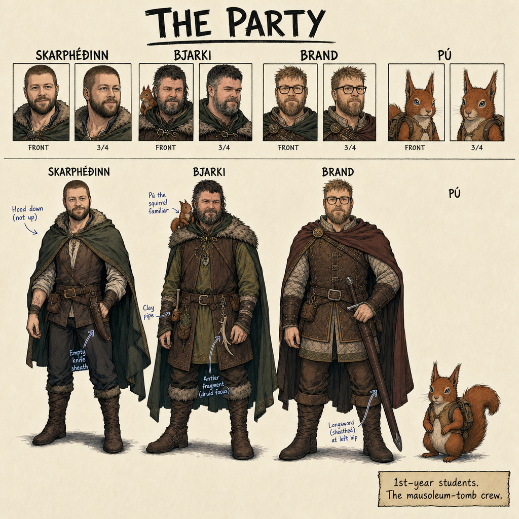 The party lineup reference: Skarphéðinn, Bjarki with the squirrel Pú on his shoulder, and Brand, drawn as a labelled design sheet.