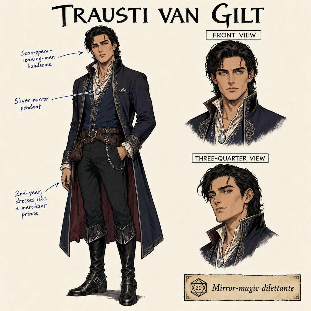 Reference sheet for Trausti van Gilt, with a full body view, three-quarter portrait, and signature silver mirror pendant.